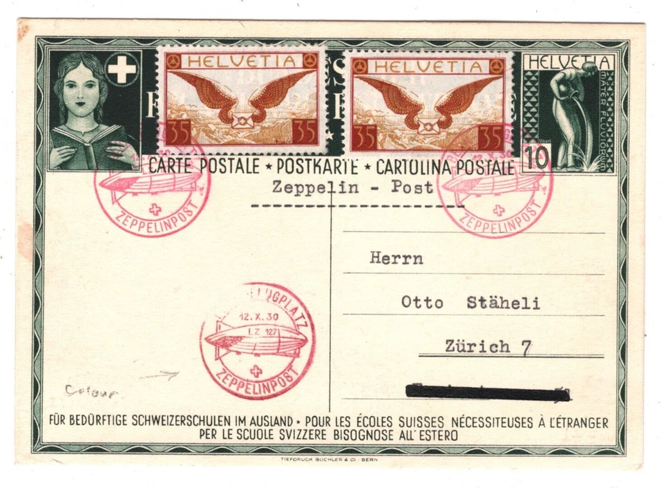 SWITZERLAND Card ZEPPELIN Air 1930 LZ-127 Cachets TWO DIFFERENT COLOURS KZ39 - Image 2 of 4