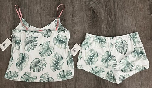 PJ SALVAGE Womens Loungewear Size S Ivory Monstera Green Knit Tank Shorts Set - Picture 2 of 6