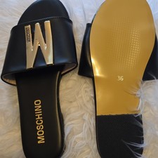 Moschino Women s Black/Gold Logo Slide Sandals Slip-On Flat Casual EU 36