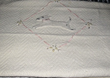 Vintage Handmade Ivory Baby Quilted Flannel Blanket Cover w Applique Puppy