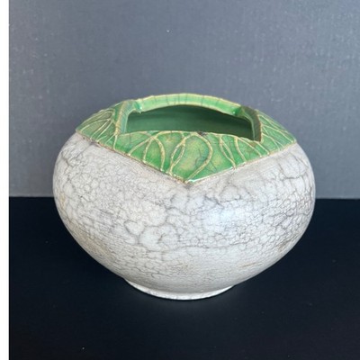 Handcrafted Pottery Vase, Green Leaf Decor Textured crackle Off White  signed