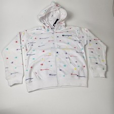 Champion Girls Zip Up Hoodie White Colorful Script Fleece Large NWT