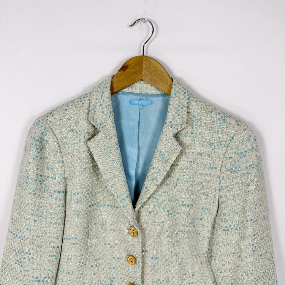 J. McLaughlin Women’s Tweed Lurex Blazer Jacket Size 6 Blue Cream Metallic - Image 4 of 4