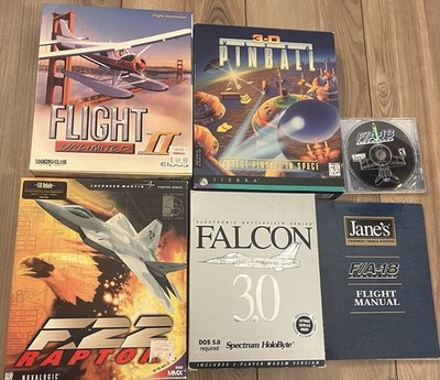 Lot Of 5 Big Box PC Games Flight Simulator 3D Pinball F22 Raptor Falcon FIA-18