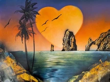 Original Hand Painted Tropical Art Heart Sunset & Palm Trees, Signed