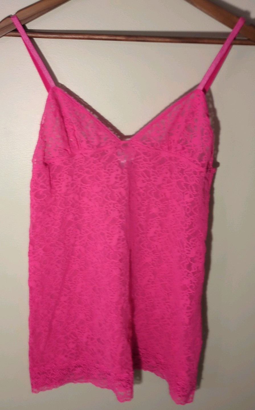Victoria's Secret Y2K Sheer Lace V Neck Slip Dress Nightie L Hot Pink Lingerie