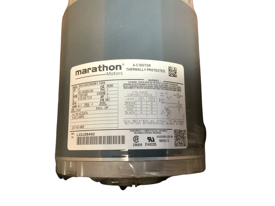 Marathon 4805 Electric Motor 1/3 HP 1725 Rpm 100-120/200-240 V 48Y 5KH32GNB811X - Image 2 of 4