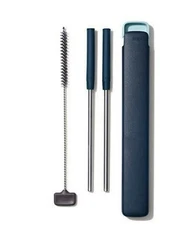 4PC Stainless Steel Reusable Straws with Case Silicone Tips Cleaning Brush Green