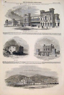 Antiker antiker Druck Chester Holyhead Railway Castle Bahnhof Conway Bangor 00AM