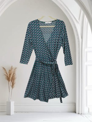 Justfab Wrap Dress Large Alpine Green Multi Print Comfy Jersey Stretch Fall Chic