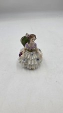 Antique Irish Dresden Lace Porcelain Miniature Figurine, Girl Sitting, 2" high.