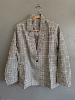 CRAZY GRID Women's Casual Blazer Business Jacket Black Gray Plaid Size Medium