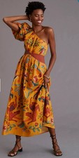 NWT Farm Rio Anthropologie M One-Shoulder Maxi Dress Tropical Parrots Gold $230