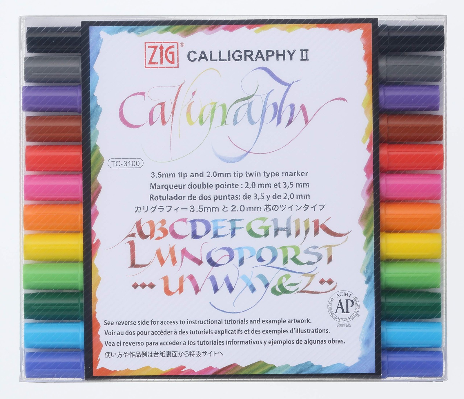 ZIG Calligraphy Marker Pens 12-Color Set with 2mm & 3.5mm Dual Tips for Hand Lettering and Art
