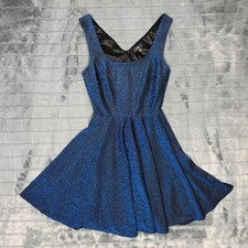 Lulus Blue Metallic Glitter Skater Dress XS Sleeveless Fit Flare V-Back Mini