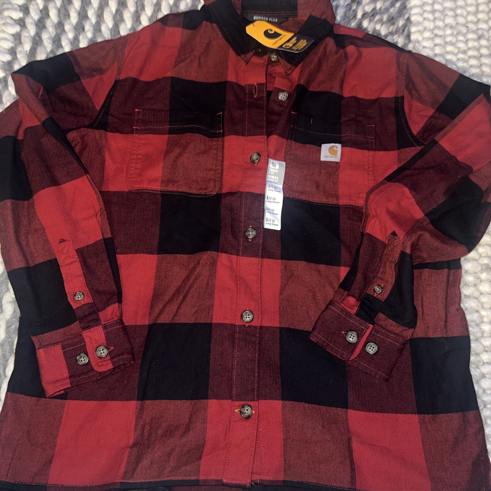 NWT Carhartt Women's Rugged Flex Loose Fit Flannel Plaid shirt red black Sz L