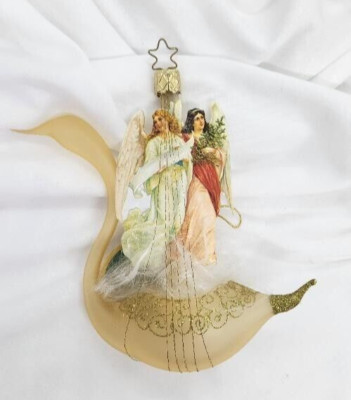 Golden Glow Event Ornament - Free Blown Wire-Wrap Swan w/Vict Scrap - Germany