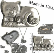 Kitty Cat Brooch Pin, Necklace, Earrings & Jewelry Box Set * Pewter * by Torino