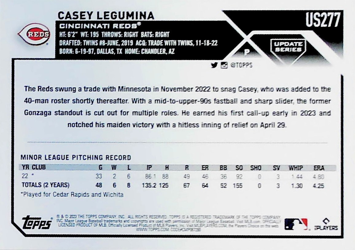2023 Topps Update BLUE PARALLEL US277 CASEY LEGUMINA