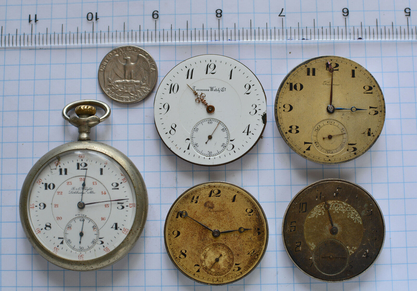 5-Lot TAVANNES Swiss ONE POCKET WATCH + 4 movements FOR PARTS REPAIR