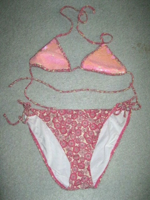 Victoria s Secret Pink Sequin Triangle Top Pink Yellow Floral Bikini Set Med