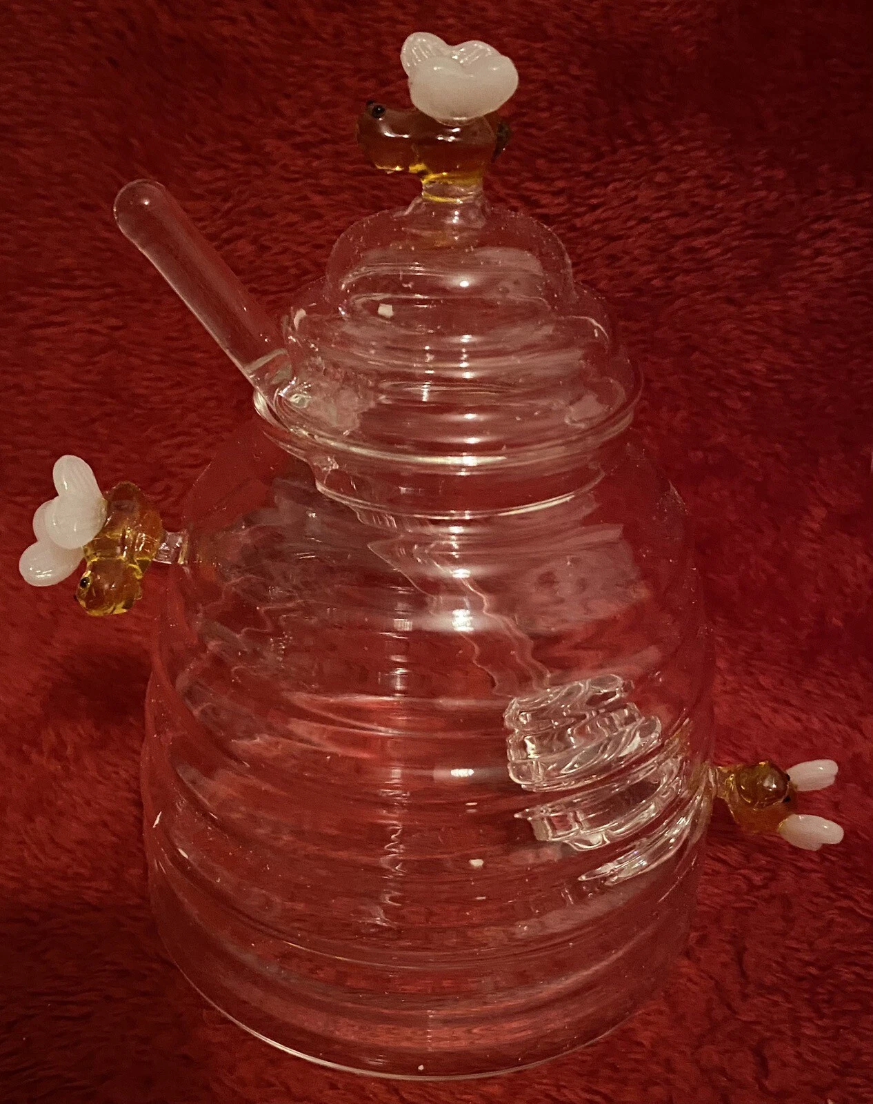Transparent Glass Honey Jar With Dipper and Lid ~ Beehive Style Honey Pot ~ BNIB