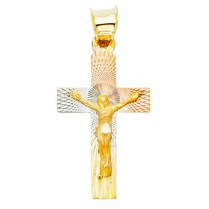 Details about / 14k 3 Tone Gold Religious Jesus Cross Crucifix CZ SMALL Charm Pendant Free Chain