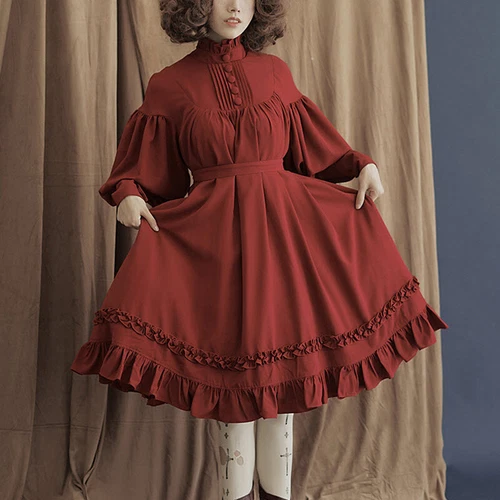 OFF WHITE Abito principessa Lolita ragazza arricciacapelli solido manica lunga bottone Giappone rosso preppy