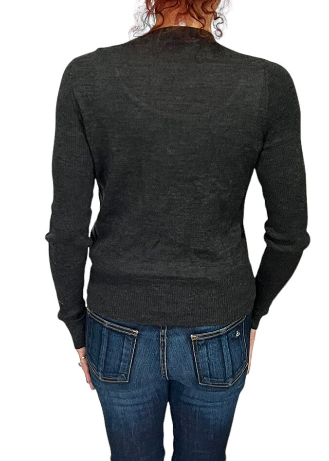 Lanvin River 2003 灰色羊毛丝绸荷叶边拉链前天鹅绒蝴蝶结开衫毛衣 S — 第 4/4 张图片