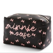 Disney Minnie Mouse Black Pink Glitter Logo Cosmetic Toiletry Carryall Zip Bag