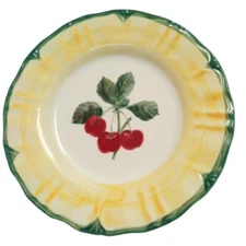 Gibson TUSCANY Salad Plate Cherries 8 ¼” D Yellow Border Green Trim Dessert Dish