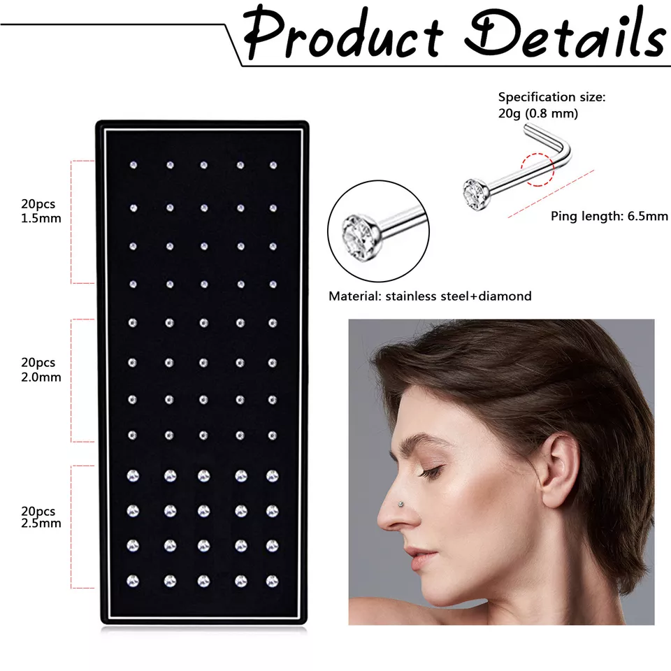 60 piezas 20G en forma de L circonita cúbica anillos nariz hueso perno acero inoxidable cuerpo piercing joyería Foto 3 de 4