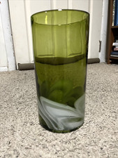 LARGE 10  TALL HAND BLOWN GREEN GLASS Wide mouth VASE white swirl