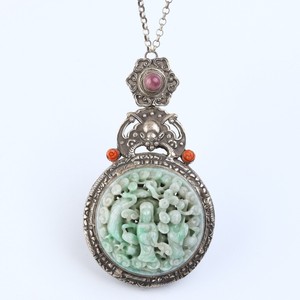 Antique Chinese Inlay Jadeite Figures Board Silver Pendant Necklace