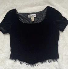 VTG Ronni Nicole Velvet Top 16 Black Bead Fringe Party NYE Crop Holiday 90s Y2K