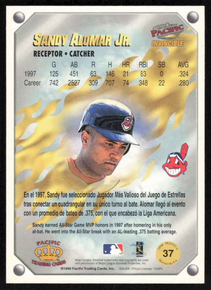 1998 Pacific Invincible #37 Sandy Alomar Jr.   - FREE SHIPPING - Image 2 of 2