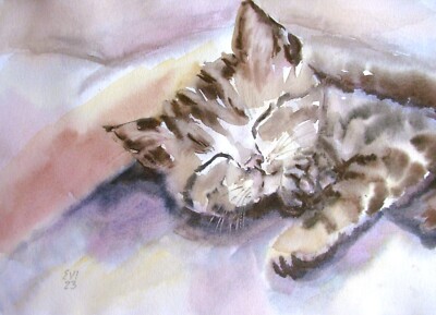 Träumende Katze Original Aquarell Gemälde Katze Wandbild Tier Wanddeko PapierA4