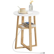 Round Side Table with Charging Station, Round Accent End Table with Bamboo Le...