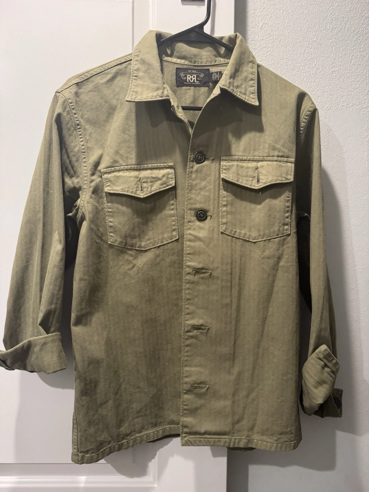 RRL Ralph Lauren Green Cotton Twill Military Jacket Shirt Pockets Size S - product detail image 12