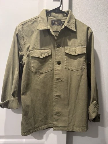 RRL Ralph Lauren Green Cotton Twill Military Jacket Shirt Pockets Size S image 12