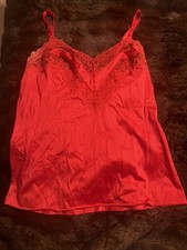 Vintage Vanity Fair Camisole Cami Top 32 Red Antron III Nylon Wide Lace V-Neck