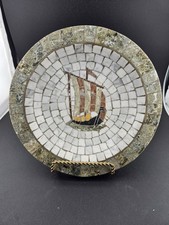 Vintage Heide Mosaics Denmark Stone Mosaic Plate Viking Ship 10" Handmade Art