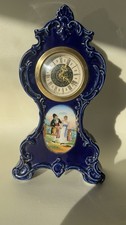 German Vintage Cobalt Blue Porcelain Mantel Clock Rococo Style
