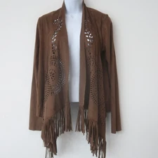 Shyanne Faux Suede Western Fringe Cardigan Small Brown Lasercut Festival Boho