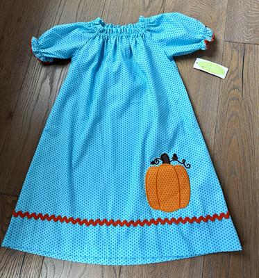 NWT Be Mine Girls Size 6 Smocked Blue Polka Dot Pumpkin Appliqué Dress Fall