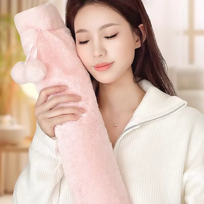 Extra Long Hot Water Bottle 76x13cm   Soft Removable Pink/Grey Cover