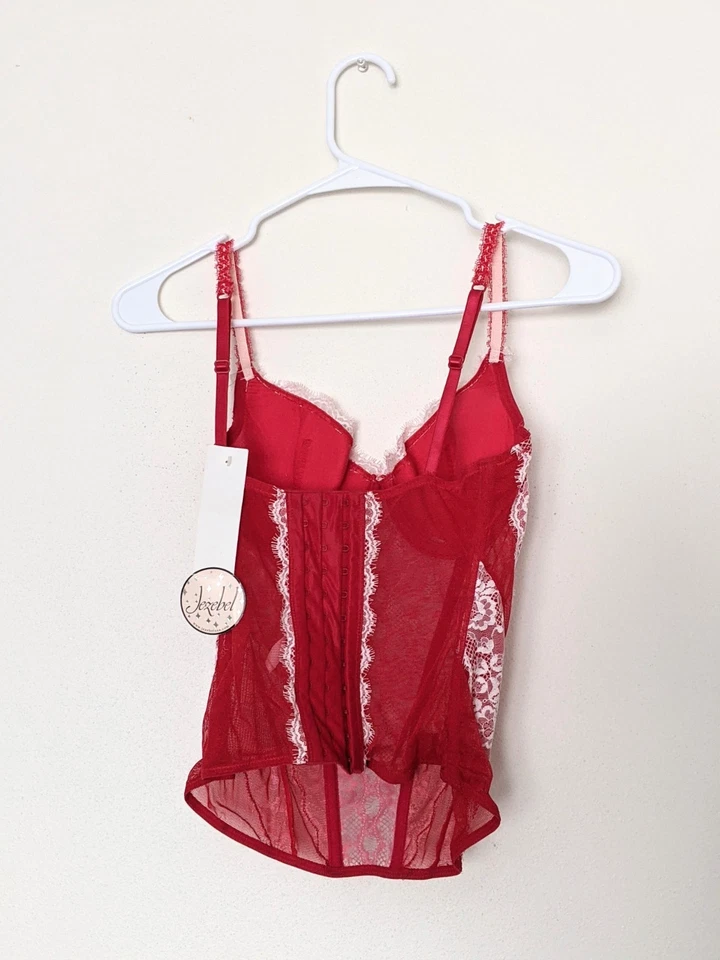 Impresionante corsé vintage Jezabel rojo con encaje blanco talla 34C Foto 4 de 4