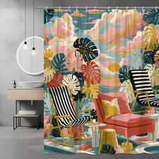 Tropical Sunset Palm Leaves Shower Curtain, Beach Patio Scene