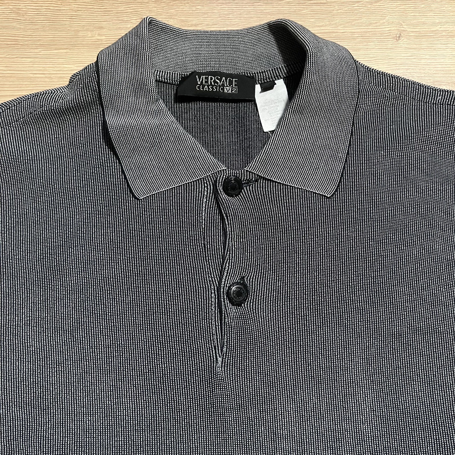 Vintage 90s RARE Versace V2 Collared Polo Shirt Gray & Black Size Large 