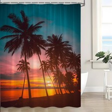 Sunset Beach Shower Curtain Ocean Teal Orange Sky Tropical Palm Tree Hawaiian...